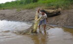 This man was filmed hand-feeding chicken to a crocodile in the wild