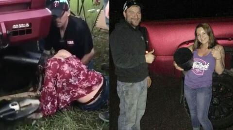 A teenage girl had to be rescued by authorities after getting her head stuck in a truck’s exhaust pipe