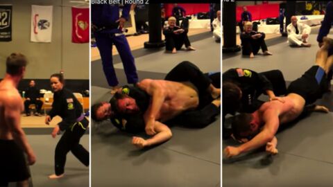 Dieser Bodybuilder ist etwas zu selbstbewusst und wird von einer Jiu-Jitsu-Expertin fertiggemacht