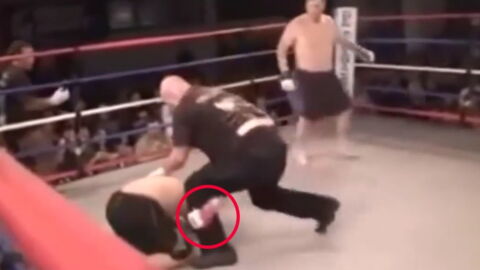 Kämpfer grappelt mit dem Kampfrichter