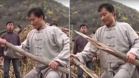 Dieser Kampfkunst-Meister zersplittert einen dicken Holzbalken mit bloßen Händen