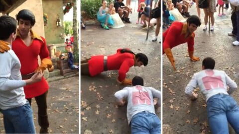 Er fordert Gaston aus „Die Schöne und das Biest“ zu einem Liegestütz-Wettbewerb heraus!