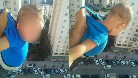 Social media users were shocked after one man dangled his kid off the balcony for likes
