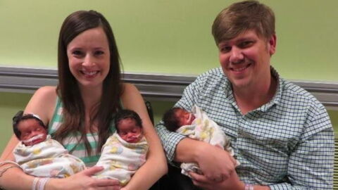 She gave birth to triplets... but they don't look anything like their father