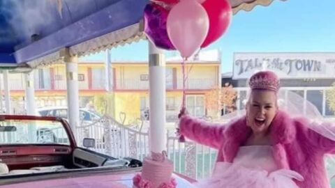 Woman marries the colour pink in a memorable Vegas wedding