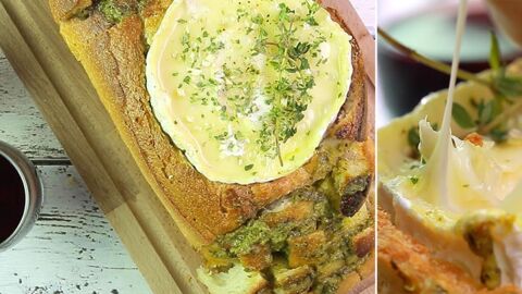 Rezept: Überbackenes Überraschungsbrot mit Camembert und Pesto