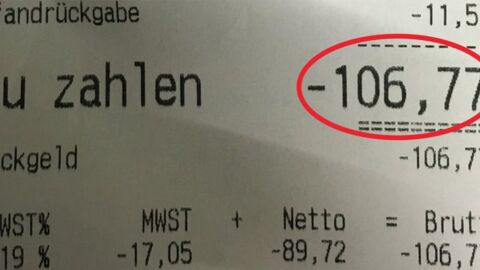 Auf diesem Kassenbon steht eine unglaubliche Summe für Pfandrückgabe