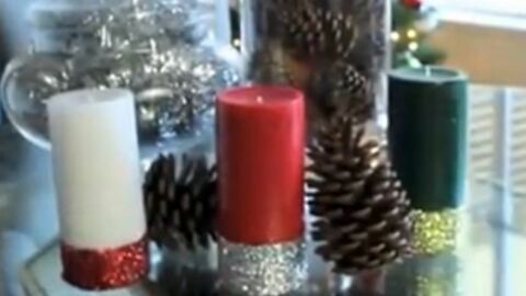 Basteln Sie ganz einfach Glitzer-Kerzen selber. Ideal als Deko für Ihren Weihnachtstisch!