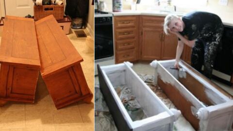 Sie verwandelt einen alten Tisch in zwei praktische Dielenbänke
