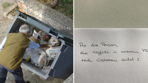 Ein Obdachloser erhält das Verbot von einem Restaurantbesitzer im Müll nach Essen zu suchen