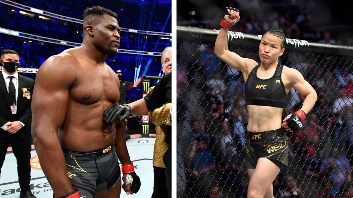 Francis Ngannou se fait soulever par Weili Zhang, combattante de l'UFC