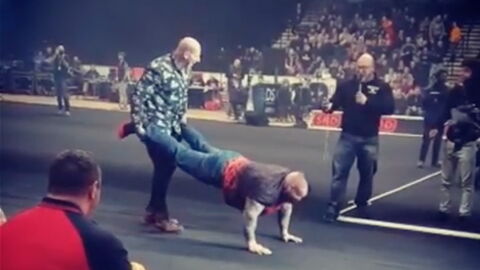 Martyn Ford fait la brouette avec Eddie Hall à une compétition de strongman