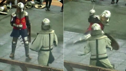 Un combattant de Béhourd, sport de combat médiéval, place un KO d'un... head kick ! (VIDÉO)
