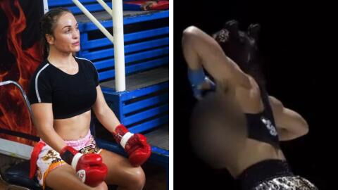 Une boxeuse montre sa poitrine pour célébrer sa victoire par KO et crée l'euphorie du public