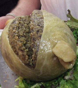 Schottland – Der Haggis ist ein traditionelles Gericht, das aus Herz, Leber und Lungen eines Schafs besteht. Beilagen: Zwiebeln, Hafer und Nierenfett. Guten Appetit!