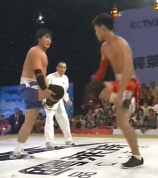 Judos stammt von Judo ab. Die Kämpfer stehen auf einem Bein, halten den anderen Fuß mit den Händen fest und versuchen mit dem Knie anzugreifen und springen dabei