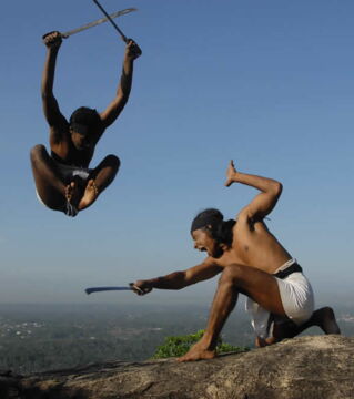 Kalarippayatt stammt aus Kerala in Südindien. Die Ausgangsstellung ist sehr tief, die Disziplin enthält sehr hohe Sprünge, Waffen und Schläge in die Vitalpunkte