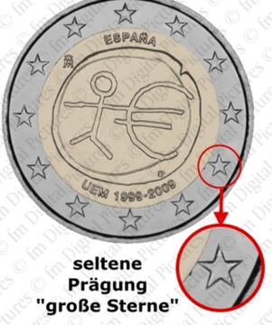 Die spanische Jubiläumsmünze (2 Euro): Diese Münze erschien zum 10-jährigen Euro-Jubiläum und ist für seine ungewöhnlich großen Sterne bekannt. Von insgesamt 8 Millionen Münzen haben nur 70 bis 100.000 diesen Fehler.