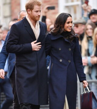 1. The conservative winter look by Meghan Markle. The cashmere blend wool coat has a leather detailing which is made by a Canadian brand called Mackage. The cost is around £560.