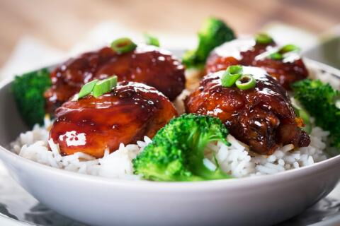 Caramel chicken with rice and vegetables