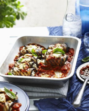 Grilled eggplant with tomato sauce and parmesan