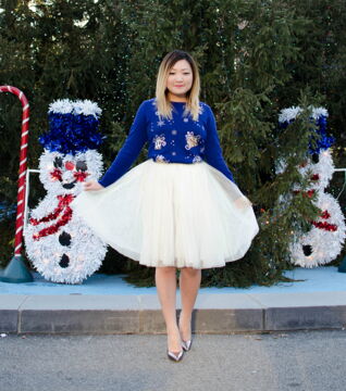 Throw on a white tulle skirt with any sweater and your outfit will look great! Try this look for your next holiday party.