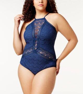 Crochet swimsuit: Are you interested in a navy blue one piece suit that's sexy and cute? Here's your pick! You can find this at Becca.