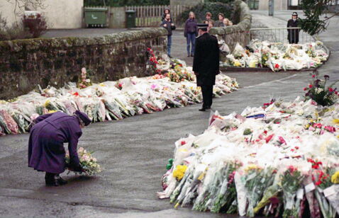 The Queen lays a wreath in respects to the victims of the Dunblane massacre at Dunblane Primary School shooting in 1996.