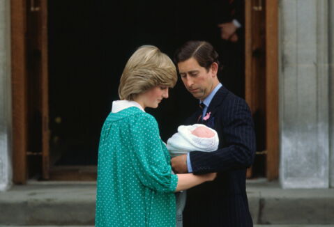 Prince Charles alongside Princess Diana after the birth of their first child, Prince William, in 1982.