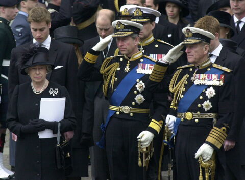 Prince Charles alongside the Royal Family attending the funeral service of the Queen Mother in 2002.