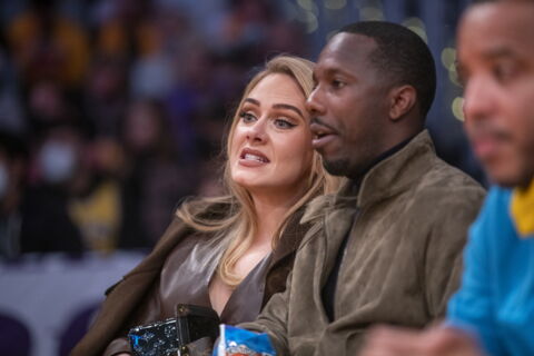 Adele and husband Rich Paul attend an NBA game