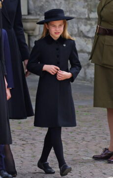 Charlotte, dressed in black for the funeral of her great-grandmother