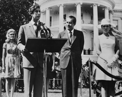 Prince Charles, accompanied by Princess Anne, giving a speech at his White House reception beside President Richard Nixon in 1970.