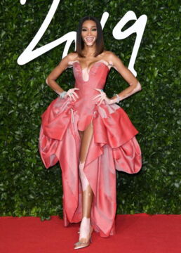 Winnie Harlow in einem rosa Bustierkleid