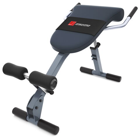 Ce banc de musculation Sportstech est un appareil 3 en 1 pour travailler le dos et les abdos. Sit up pliable incliné, hyper extension ou banc de fitness classique sont disponibles. Prix : 114,90 euros.