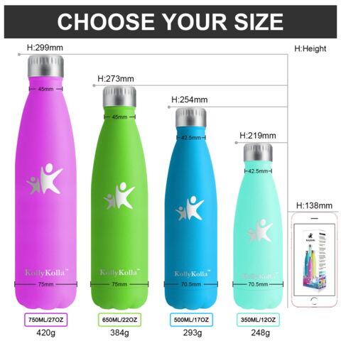 La gourde isotherme Kolly Kola offre différentes tailles (350, 500, 650 et 750 ml).