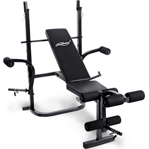 Le banc de musculation Physionics possède un dossier réglable sur 4 niveaux et des supports pour les jambes et les bras. Prix : 70,95 euros.