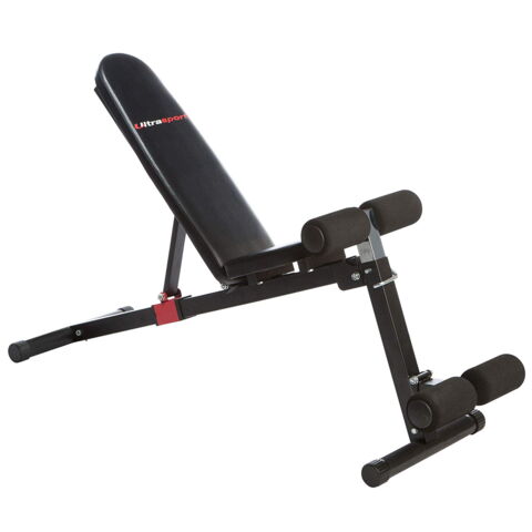 Le banc de musculation Ultrasport TR-1 est très compact et peut s'incliner. Il dispose également de repose pieds et jambes. Prix : 79,41 euros.